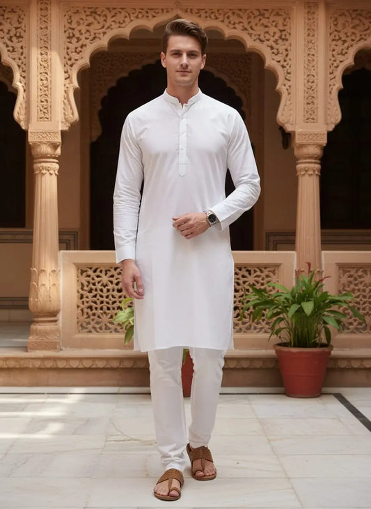 White Silk Row Kurta with Trouser Suit Naya Pakistani Bazar